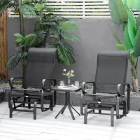 Outsunny 3 Pieces Garden Gliding Chair Set, Metal Frame 2 Single Armchair Swing Seater and 1 Glass Top Coffee Table w/ Breath Mesh Fabric Seat, Black(m-13)