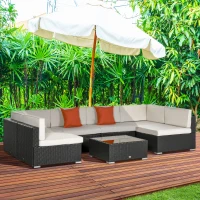 Outsunny 7 Pieces PE Rattan Garden Furniture Set with Thick Padded Cushion, Patio Garden Corner Sofa Sets with Glass Coffee Table and Pillows, Buckle Structure, Dark Coffee(m-11)