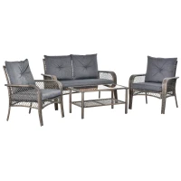 Outsunny 4 PCS Patio PE Rattan Wicker Sofa Sets Outdoor All Weather Conversation Furniture w/ Two Tier Tea Table & Cushions for Backyard Garden Grey(m-1)