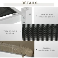 Outsunny Lit de jardin bain de soleil transat inclinable avec auvent rétractable, 2 places - 4 rideaux et matelas(m-7)