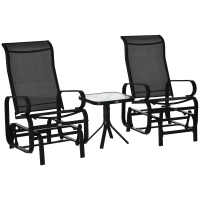 Outsunny 3 Pieces Garden Gliding Chair Set, Metal Frame 2 Single Armchair Swing Seater and 1 Glass Top Coffee Table w/ Breath Mesh Fabric Seat, Black