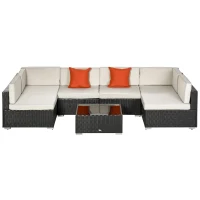 Outsunny 7 Pieces PE Rattan Garden Furniture Set with Thick Padded Cushion, Patio Garden Corner Sofa Sets with Glass Coffee Table and Pillows, Buckle Structure, Dark Coffee(m-1)