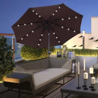Outsunny Φ2.7m Garden 24 LED Light Parasol Solar Outdoor Tilt Sun Umbrella Patio Club Party Event Manual Sun Shade w/Hand Crank 8 Ribs Brown/Coffee(m-12)