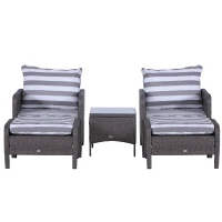 Outsunny 5 Pcs PE Rattan Garden Furniture Set, 2 Armchairs 2 Stools Glass Top Table Cushions Wicker Weave Chairs Outdoor Seating, Dark Grey(m-7)
