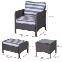 Outsunny 5 Pcs PE Rattan Garden Furniture Set, 2 Armchairs 2 Stools Glass Top Table Cushions Wicker Weave Chairs Outdoor Seating, Dark Grey(m-3)