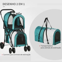 PawHut Carrinho Duplo para Cães Gatos Dobrável com 2 Transportadoras Portáteis Cinto de Segurança 66x50x98 cm Turquesa e Cinza(m-5)