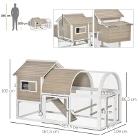 PawHut Poulailler clapier pour poule extérieur en bois de sapin avec nichoir eapace de vie spacieux plateau coulissant résister aux intempéries 167,5 x 109 x 100 cm gris blanc(m-3)