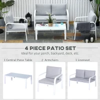 Outsunny 4pcs Garden Sofa Set 2 Single Armchair, 1 Bench & 1 Coffee Table Set Aluminum Frame Patio Furniture with Cushions, White(m-6)
