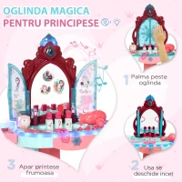 AIYAPLAY Set de oglinda si masa cu design printesa magica, jucarie muzicala, set de frumusete, pentru 3-6 ani, albastru roz(m-4)