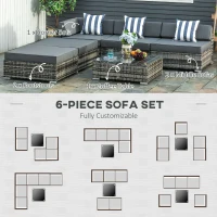 Outsunny 6 PC Rattan Sofa Coffee Table Set Sectional Wicker Weave Furniture for Garden Outdoor Conservatory w/Pillow Cushion Grey(m-6)