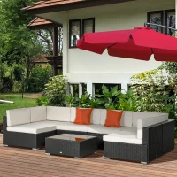 Outsunny 7 Pieces PE Rattan Garden Furniture Set with Thick Padded Cushion, Patio Garden Corner Sofa Sets with Glass Coffee Table and Pillows, Buckle Structure, Dark Coffee(m-2)
