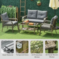 Outsunny 4 PCS Patio PE Rattan Wicker Sofa Sets Outdoor All Weather Conversation Furniture w/ Two Tier Tea Table & Cushions for Backyard Garden Grey(m-4)