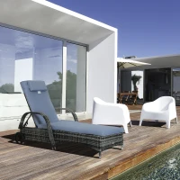 Outsunny Adjustable Rattan Sun Lounger W/ Cushion, 200Lx73Wx56-103H cm-Grey(m-12)