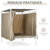 Outsunny Lit de jardin bain de soleil transat inclinable avec auvent rétractable, 2 places - 4 rideaux et matelas(m-6)