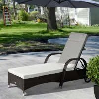 Outsunny Garden Rattan Furniture Single Sun Lounger Recliner Bed Reclining Chair Patio Outdoor Wicker Weave Adjustable Headrest with Fire Retardant Cushion - Brown(m-12)