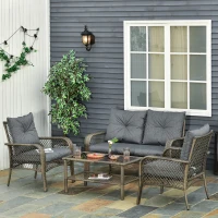 Outsunny 4 PCS Patio PE Rattan Wicker Sofa Sets Outdoor All Weather Conversation Furniture w/ Two Tier Tea Table & Cushions for Backyard Garden Grey(m-2)
