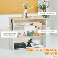 HOMCOM Insula de bucatarie cu depozitare, Masa moderna pentru tocat cu 3 rafturi deschise, Suport pentru cutite si blat mare, Suport pentru cuptor cu microunde, Cadru de otel pentru sufragerie, Alb(m-4)