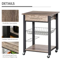 HOMCOM Küchenwagen Küchenrollwagen Servierwagen mit Ablage Schublade Weinregal Spanplatte Metall Grau Eiche 60 x 50 x 84,5 cm(m-6)