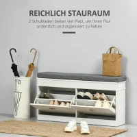HOMCOM Schuhregal, Schuhbank mit Kissen und 2 Kipper, Schuhkipper, Schuhtruhe, MDF, Polyester, Schaumstoff, Weiß+Grau, 104 x 24 x 55 cm(m-4)