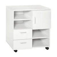 HOMCOM Móvel auxiliar de escritório com Gavetas Prateleiras e rodas multiuso 60x65x35 cm Branco(m-1)