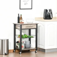 HOMCOM Küchenwagen Küchenrollwagen Servierwagen mit Ablage Schublade Weinregal Spanplatte Metall Grau Eiche 60 x 50 x 84,5 cm(m-2)