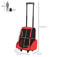 PawHut Transportadora 2 em 1 para Animais de Estimação Mochila ou Carrinho de Viagem para Cães e Gatos com 2 Rodas Alça Retrátil de Alumínio e Bolso de Armazenamento 42x25x55cm Vermelho(m-3)