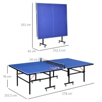 SPORTNOW Mesa de Ping Pong Plegable con Ruedas para Interior y Exterior con Red Palas y Pelota 274x152,5x76 cm Azul(m-3)