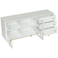 HOMCOM Aparador de Comedor con 2 Puertas de Cristal 3 Cajones y Patas de Madera de Caucho para Cocina Salón 160x40x80 cm Blanco(m-8)