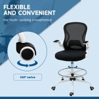 Vinsetto Scaun ergonomic inalt pentru birou, pentru stat in picioare, cotiere rabatabile, suport lombar, inaltime reglabila, negru(m-8)