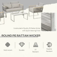 Outsunny Set Mobila de  Gradina 4 Piese din Ratan PE, Salon cu 2 Fotolii, Divan si Masuta pentru Exterior cu Perne Detasabile, Gri(m-4)