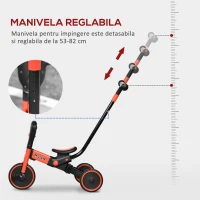 HOMCOM Tricicleta 4 in 1 pentru copii, tricicleta pentru copii cu maner de impingere reglabil, suport pentru picioare detasabil pentru 18-48 de luni, rosu(m-5)