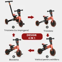 HOMCOM Tricicleta 4 in 1 pentru copii, tricicleta pentru copii cu maner de impingere reglabil, suport pentru picioare detasabil pentru 18-48 de luni, rosu(m-4)