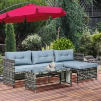 Outsunny Mobilier pentru gradina cu canapea 2 locuri, sezlong si masuta, set pentru gradina din ratan PE si geam cu perne, gri(m-2)