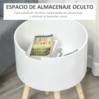 HOMCOM Mesa Auxiliar de Salón Moderna Mesita de Noche con Tapa Extraíble Espacio de Almacenamiento y Patas de Madera para Dormitorio Sofá Esquina Ø38x63 cm Blanco(m-4)