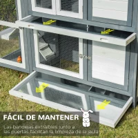 PawHut Conejera de Madera Exterior de 2 Niveles Jaula Grande para 2-4 Conejos con Techo Asfáltico Puertas con Cerradura Bandejas Extraíbles y Rampa 145x48x108 cm Gris y Blanco(m-6)