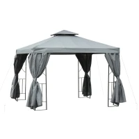 Outsunny Cenador de Jardín 3x3 m Pabellón para Exterior con Doble Techo de Ventilación y 4 Cortinas Laterales Extraíbles de Cremallera Gazebo para Terraza Patio Exterior Gris(m-1)