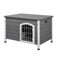 PawHut Caseta para Perros de Madera Jaula Casa para Mascotas con Puerta de Alambre con Cerradura y Asas Huecas Laterales para Interior y Exterior 80x55x53,5 cm Gris(m-1)