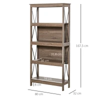 HOMCOM Estantería Librería de 4 Niveles con Laterales Reforzados de Metal para Sala de Estar Oficina Estudio 80x32x167,5 cm Marrón Rústico(m-3)