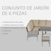 Outsunny Conjunto de Muebles de Ratán 6 Piezas de Jardín Juego de Sofás de 2 Plazas Taburete y Mesa de Comedor con Cojines Acolchados Patio Terraza Balcón Gris y Caqui(m-4)