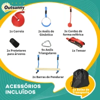 Outsunny Circuito de Obstáculos Ninja para Crianças com Corda de 10 m Barras de Madeira Anéis de Ginástica Protetor de Árvore Multicor(m-4)