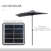 Outsunny Sombrilla de Jardín con 24 Luces LED Solar 270x135x240 cm Parasol Semicircular con Manivela para Balcón Terraza Gris(m-5)