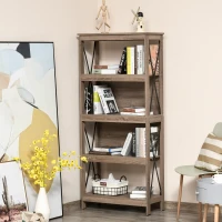 HOMCOM Estantería Librería de 4 Niveles con Laterales Reforzados de Metal para Sala de Estar Oficina Estudio 80x32x167,5 cm Marrón Rústico(m-2)