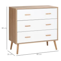 HOMCOM Cómoda de Madera con 3 Cajones Cajonera Armario Auxiliar de Almacenamiento Moderna con Patas Elevadas para Dormitorio Salón 80x39x80 cm Blanco y Natural(m-3)
