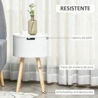 HOMCOM Mesa Auxiliar de Salón Moderna Mesita de Noche con Tapa Extraíble Espacio de Almacenamiento y Patas de Madera para Dormitorio Sofá Esquina Ø38x63 cm Blanco(m-6)