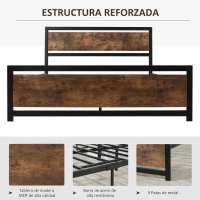 HOMCOM Marco de Cama Doble de Metal para Colchón 150x200 cm con Cabecera de Madera Estructura de Cama con Espacio Bajo de Almacenamiento 160x208x103 cm Negro y Marrón Rústico(m-6)