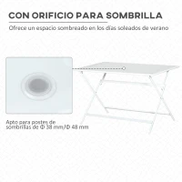 Outsunny Mesa de Jardín de Metal Plegable Mesa de Camping Rectangular de Vidrio Templado con Agujero para Sombrilla para Picnic Terraza Balcón 110x70x70 cm Blanco(m-4)