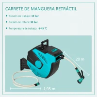Outsunny Carrete de Manguera de Jardín 20M+1,95M Manguera de Riego Montado en Pared Enrollador Automático con 7 Modos de Pulverización 180° Giratorio 52x43x24 cm Negro y Verde(m-7)
