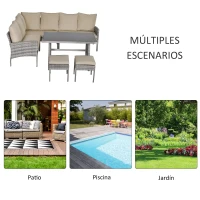 Outsunny Conjunto de Muebles de Ratán 6 Piezas de Jardín Juego de Sofás de 2 Plazas Taburete y Mesa de Comedor con Cojines Acolchados Patio Terraza Balcón Gris y Caqui(m-7)