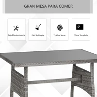 Outsunny Conjunto de Muebles de Ratán 6 Piezas de Jardín Juego de Sofás de 2 Plazas Taburete y Mesa de Comedor con Cojines Acolchados Patio Terraza Balcón Gris y Caqui(m-6)