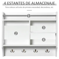 HOMCOM Estantería de Pared Organizador de Entrada con 4 Ganchos 3 Compartimentos 1 Estante y Barra Metálica Moderno para Ropa Llaves Libros 73x20x60 cm Blanco(m-4)